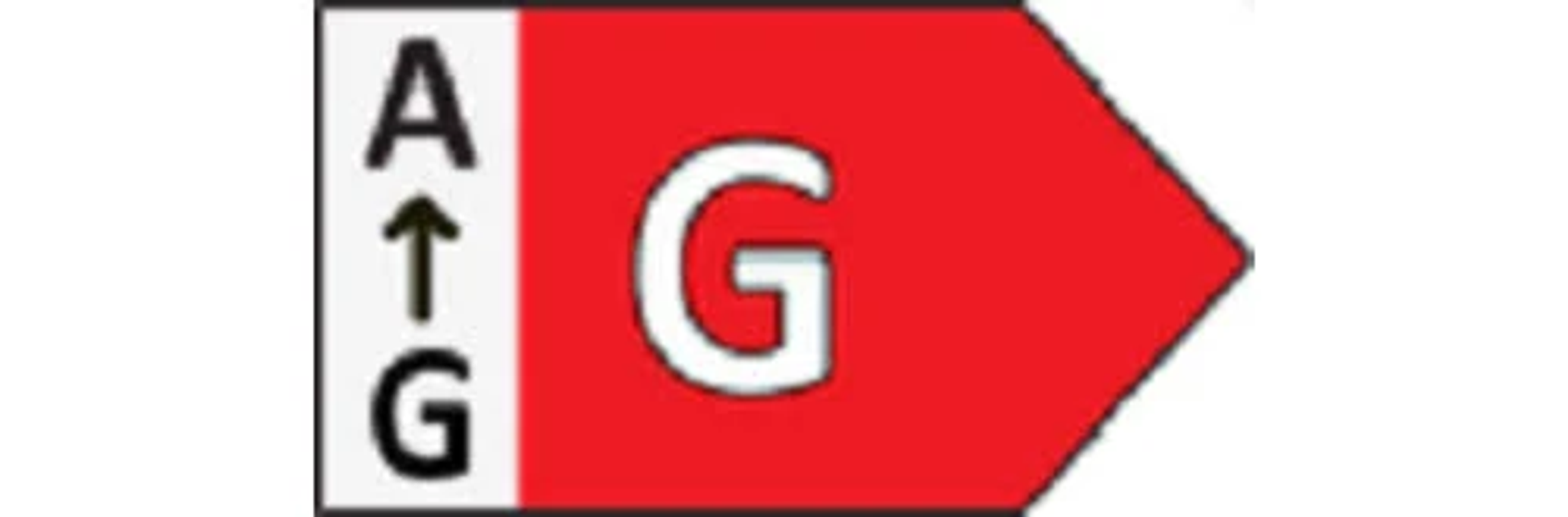 Etykieta efektywności energetycznej. Czerwona strzałka z 'A' na górze i 'G' na dole.