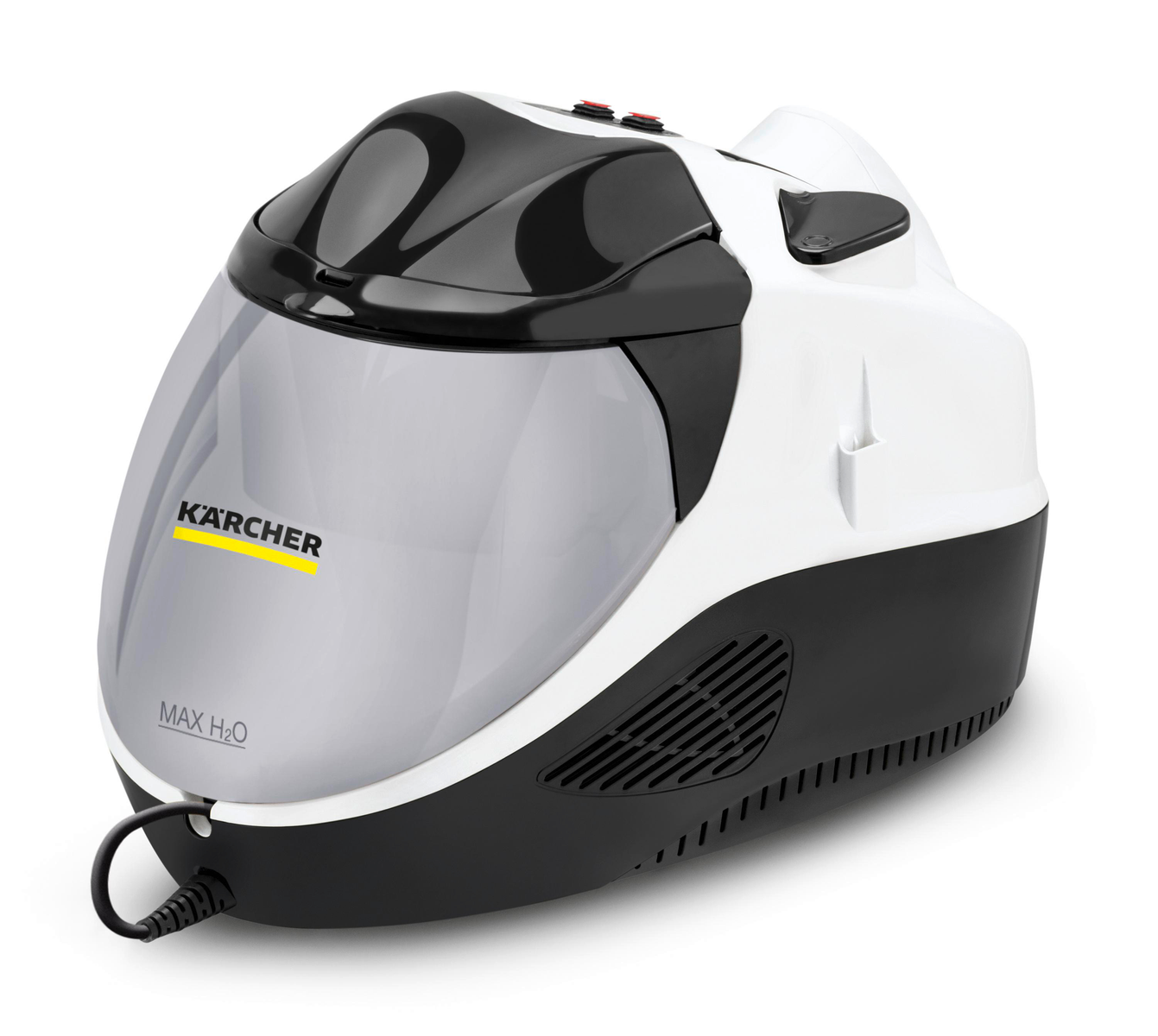 Biało-czarny parowy środek czyszczący. Jest to Karcher MAX H2O. Jest na białej powierzchni. Ujęcie studyjne.