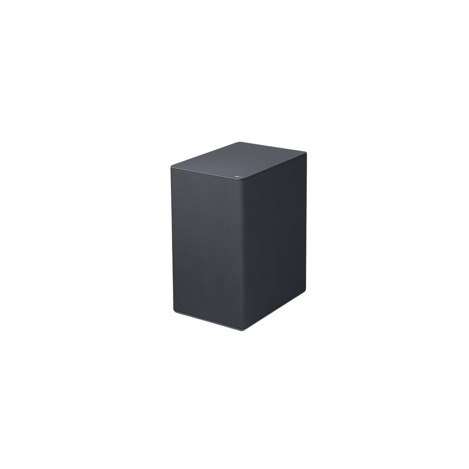 Ciemnoszary, prostokątny subwoofer na czarnym tle. Kształt to prosta kostka.