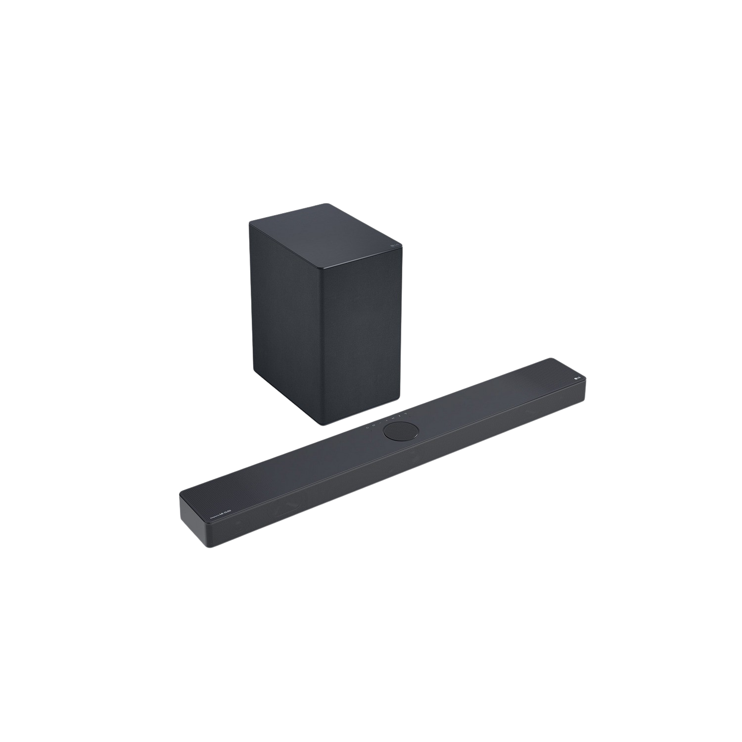 Czarny soundbar i subwoofer na czarnym tle. Są obok siebie.