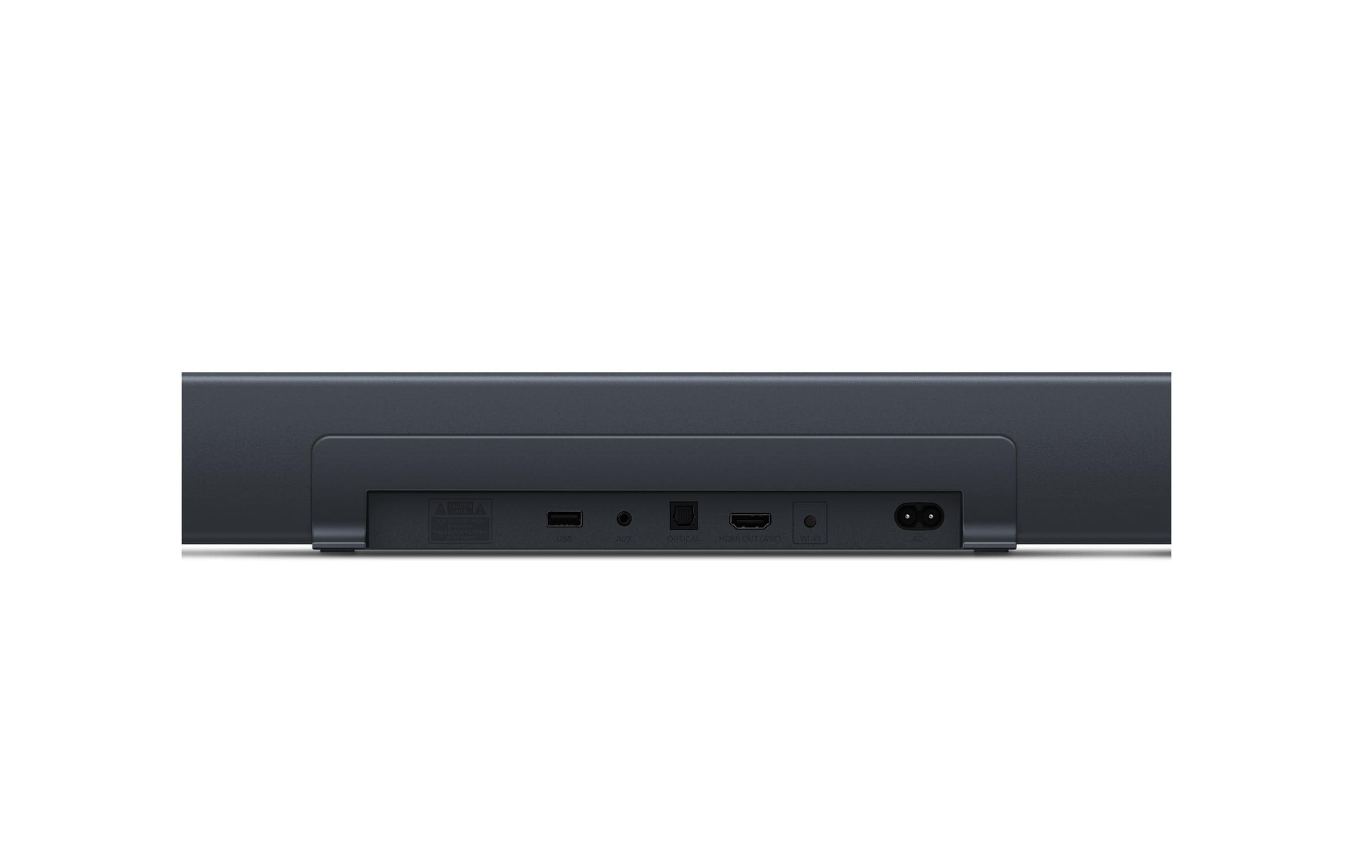 Rückseite einer dunklen Soundbar mit Anschlüssen. Einschließlich Strom-, HDMI- und Audioanschlüssen.