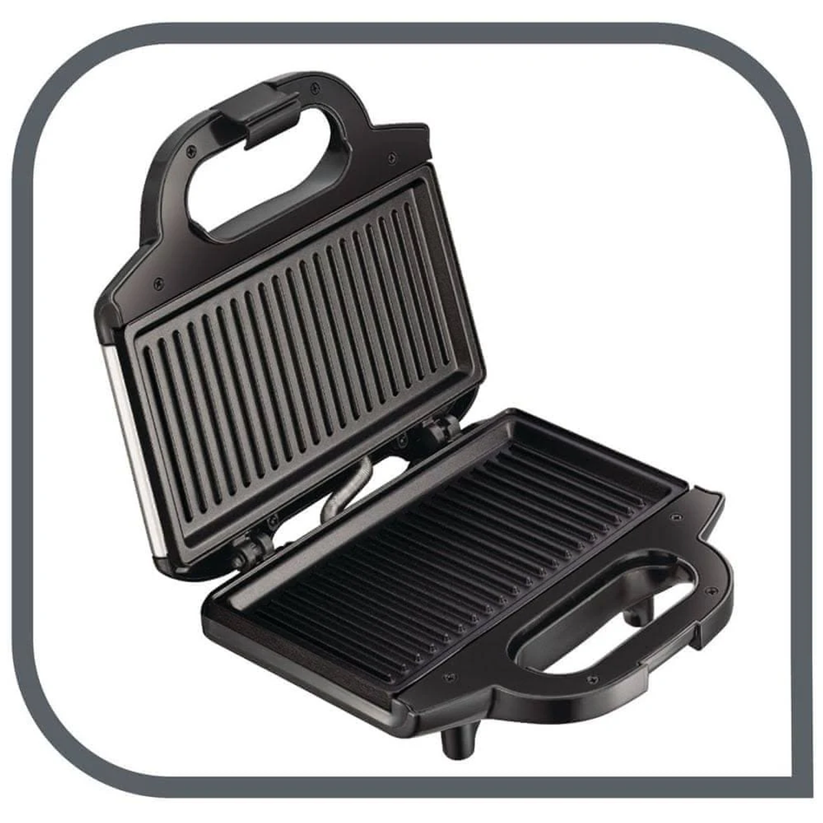 Czarny opiekacz do kanapek jest otwarty, z wzorem grilla w środku.