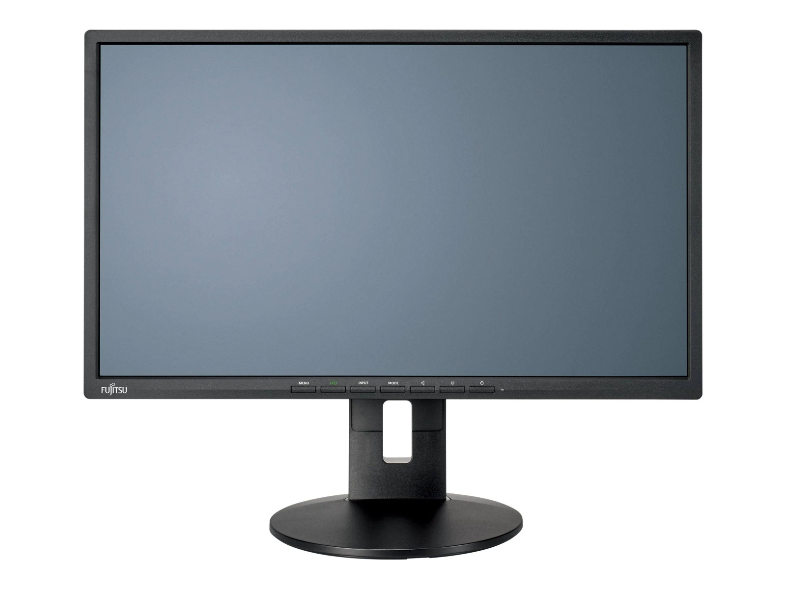 Un monitor de computadora negro sobre blanco, con el logotipo de Fujitsu en el frente.