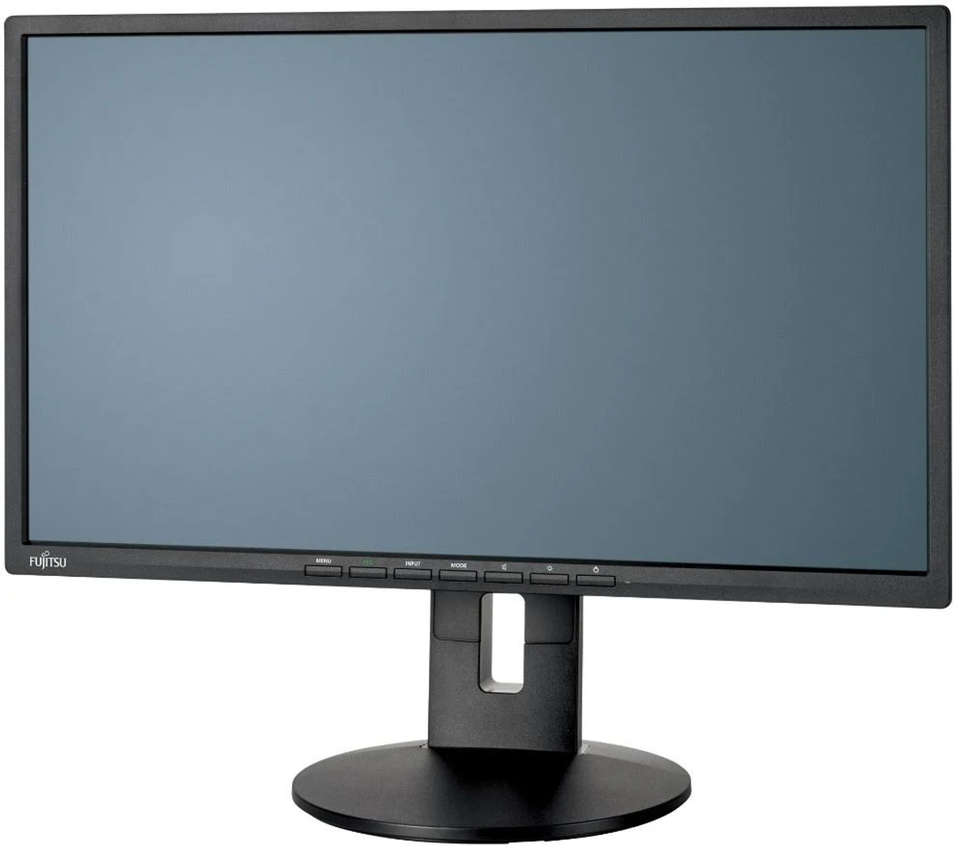Un monitor de computadora negro con pantalla oscura y soporte negro.