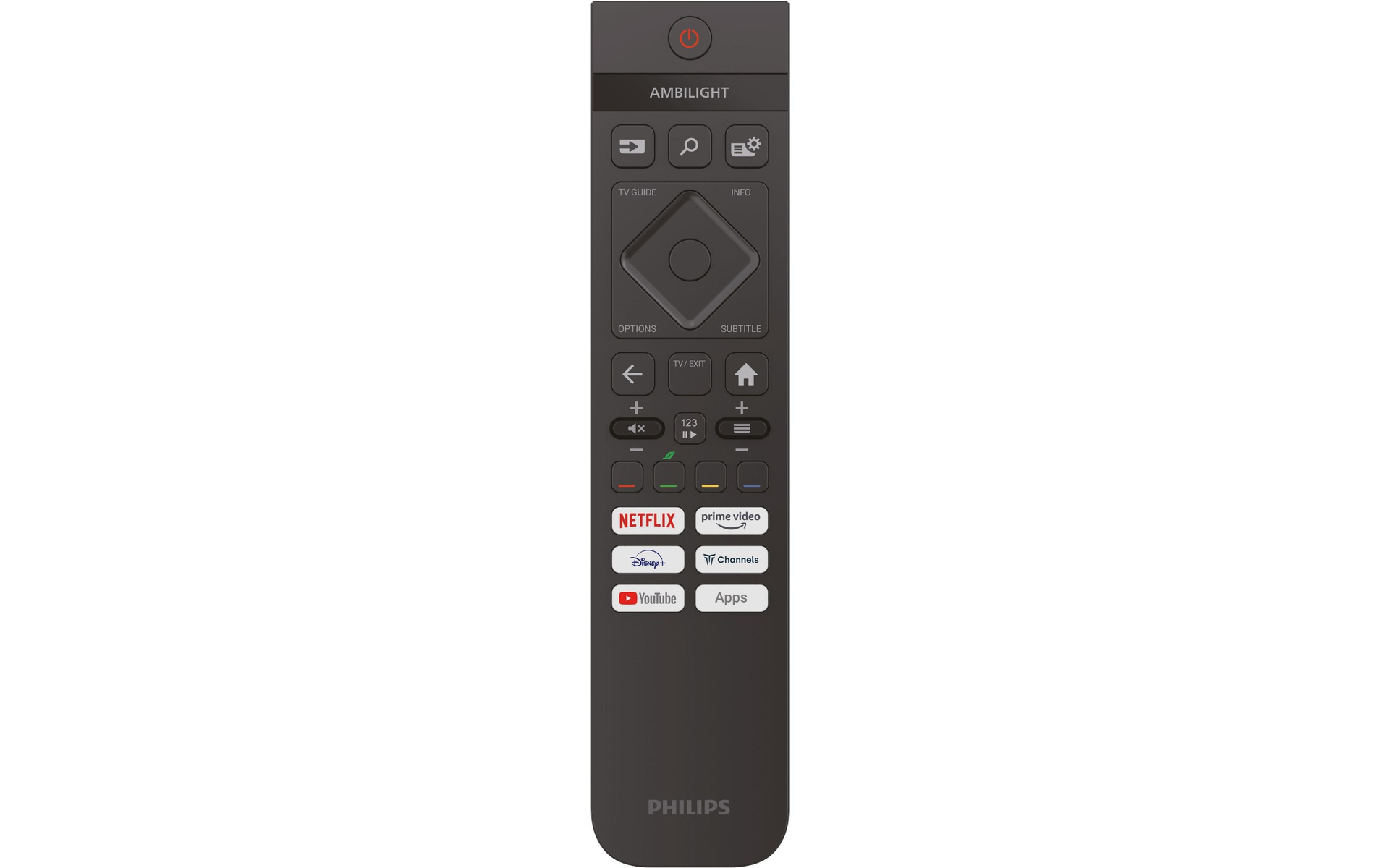 Un telecomando TV Philips nero con vari pulsanti, inclusi i pulsanti Netflix, YouTube e Disney+.