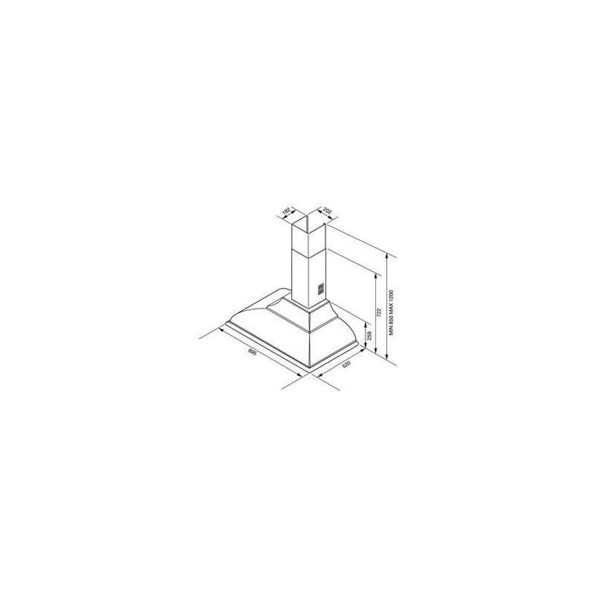 Disegno tecnico di una cappa da cucina. Mostra dimensioni e angoli, su sfondo bianco.