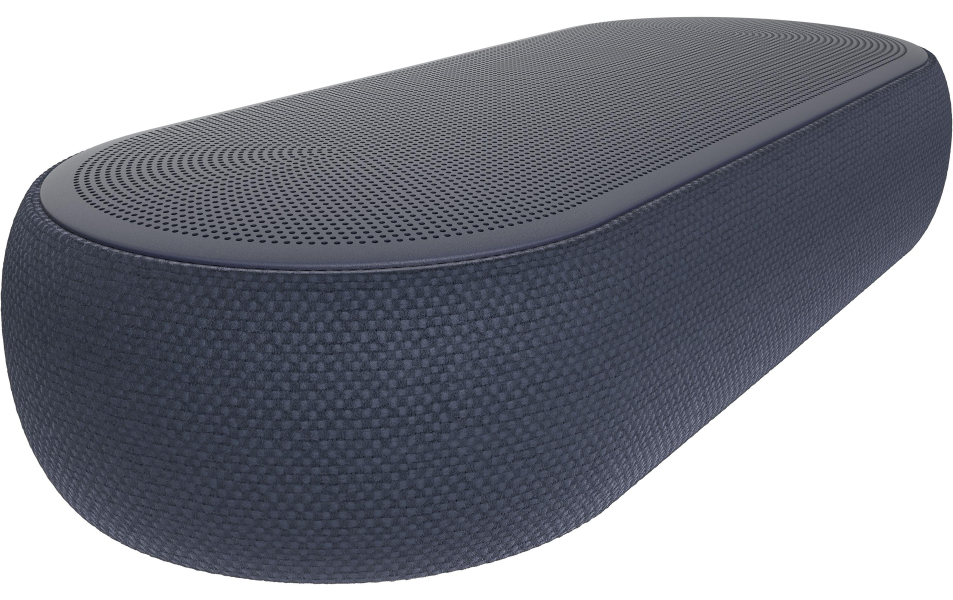 Eine dunkelblaue, ovale Soundbar. Sie hat eine perforierte Oberseite und eine strukturierte Basis.