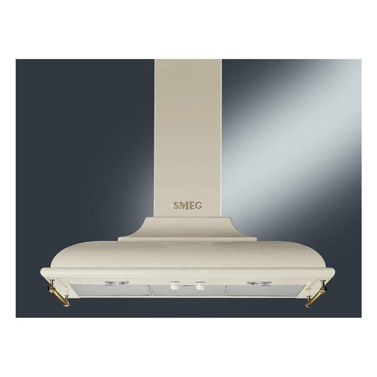 Cappa da cucina SMEG color crema, scena illuminata, sfondo blu scuro.