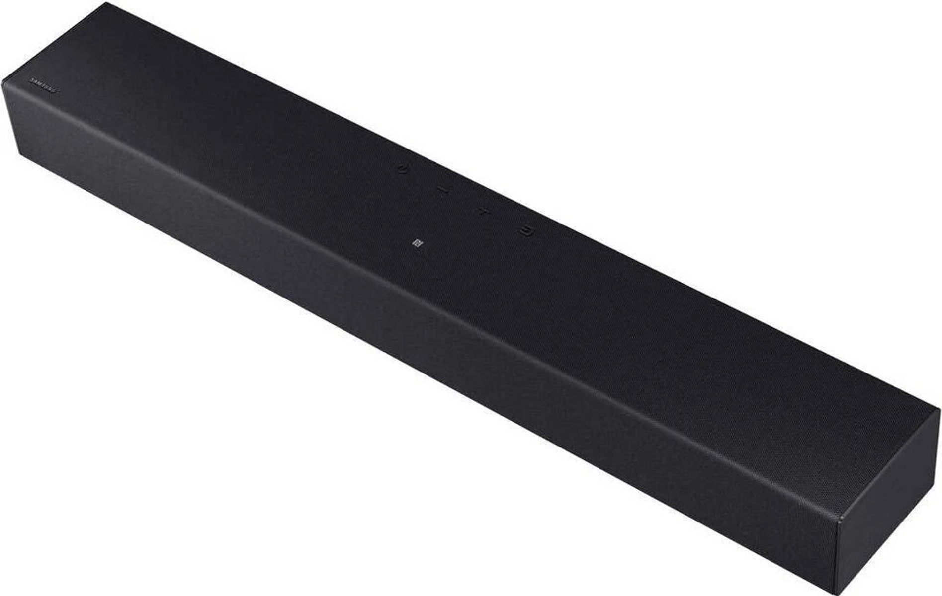 Czarny soundbar z przyciskami na górze. Widok z boku. Białe tło.