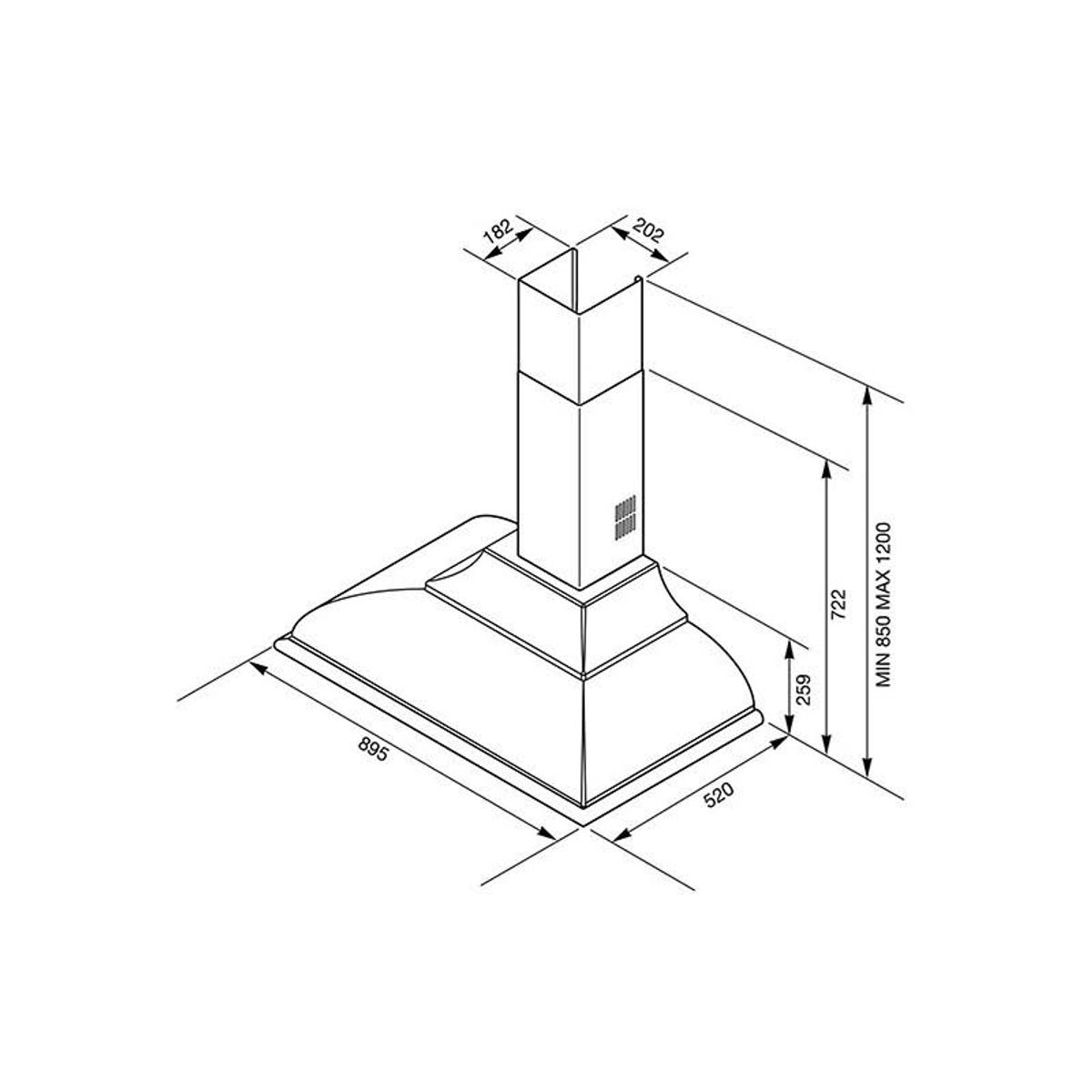 Disegno schematico di una cappa da cucina con dimensioni, linee ed etichette.