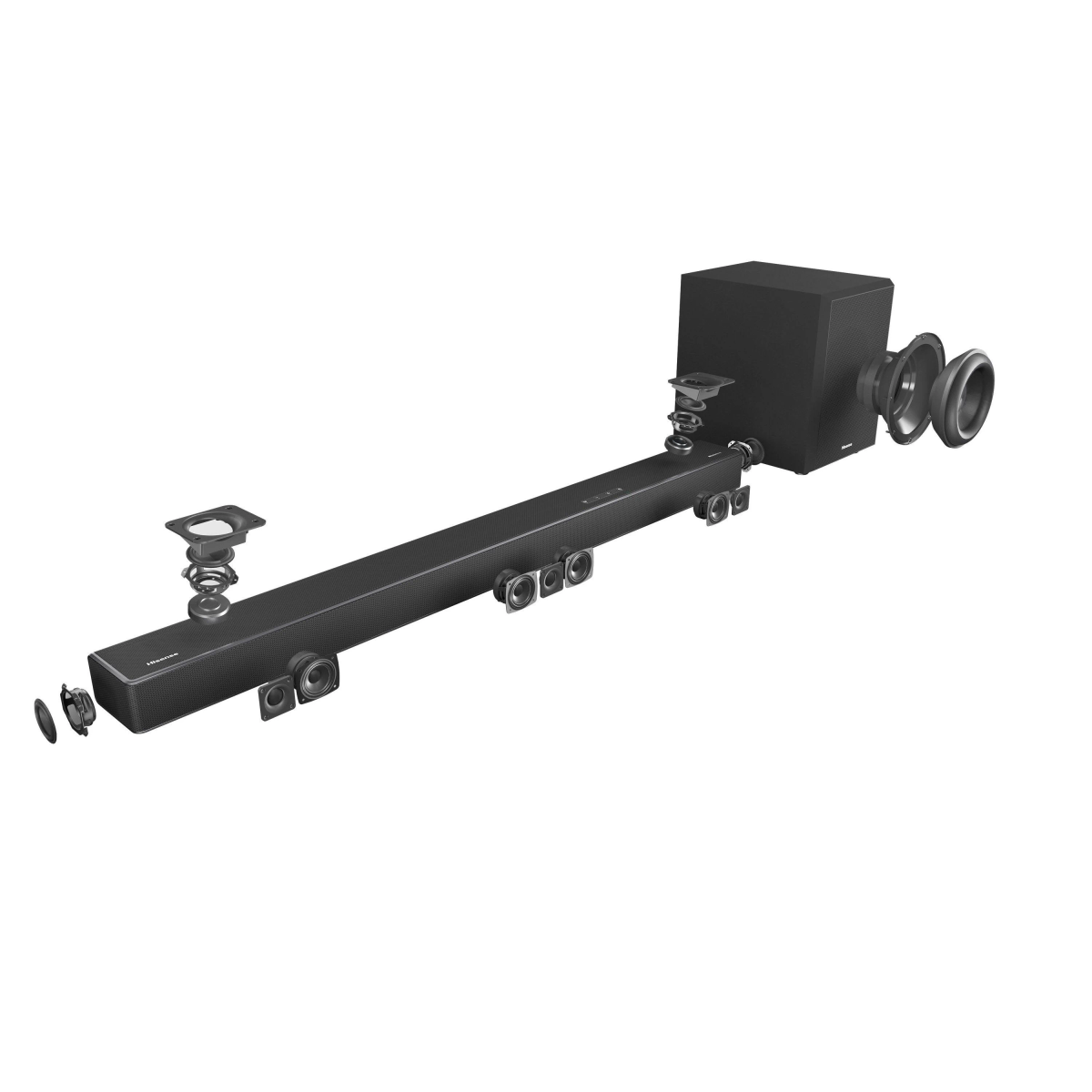 Widok rozłożony systemu soundbar z subwooferem i wieloma głośnikami.