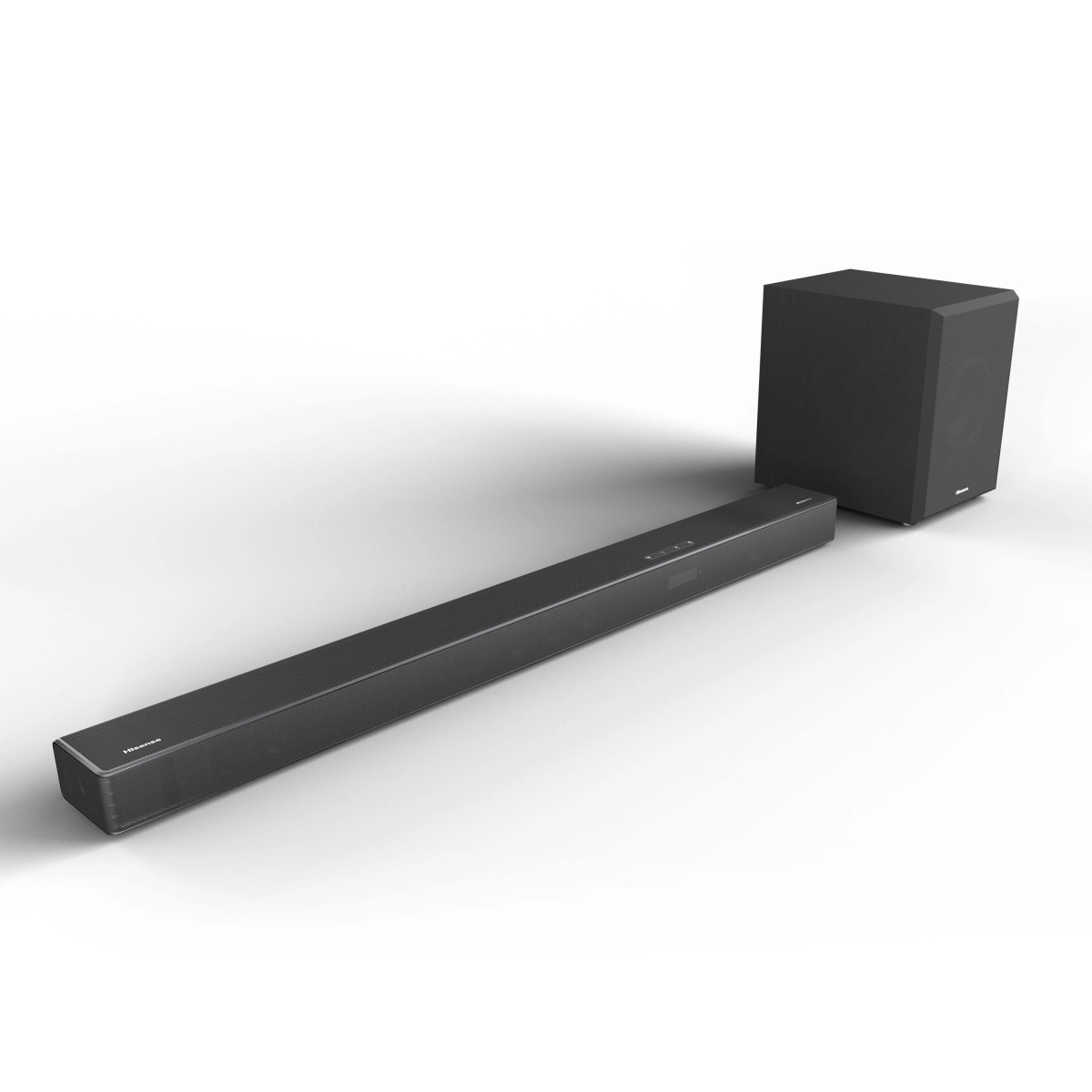 Czarny zestaw soundbar i subwoofer na białej powierzchni, z białym tłem.