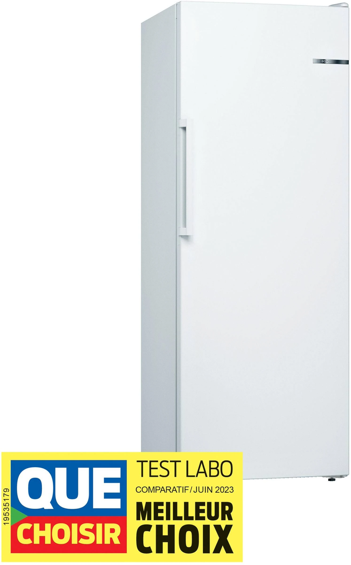Weißer Kühlschrank mit Griff. Unten befindet sich ein gelb-blauer Aufkleber 'Que Choisir'.