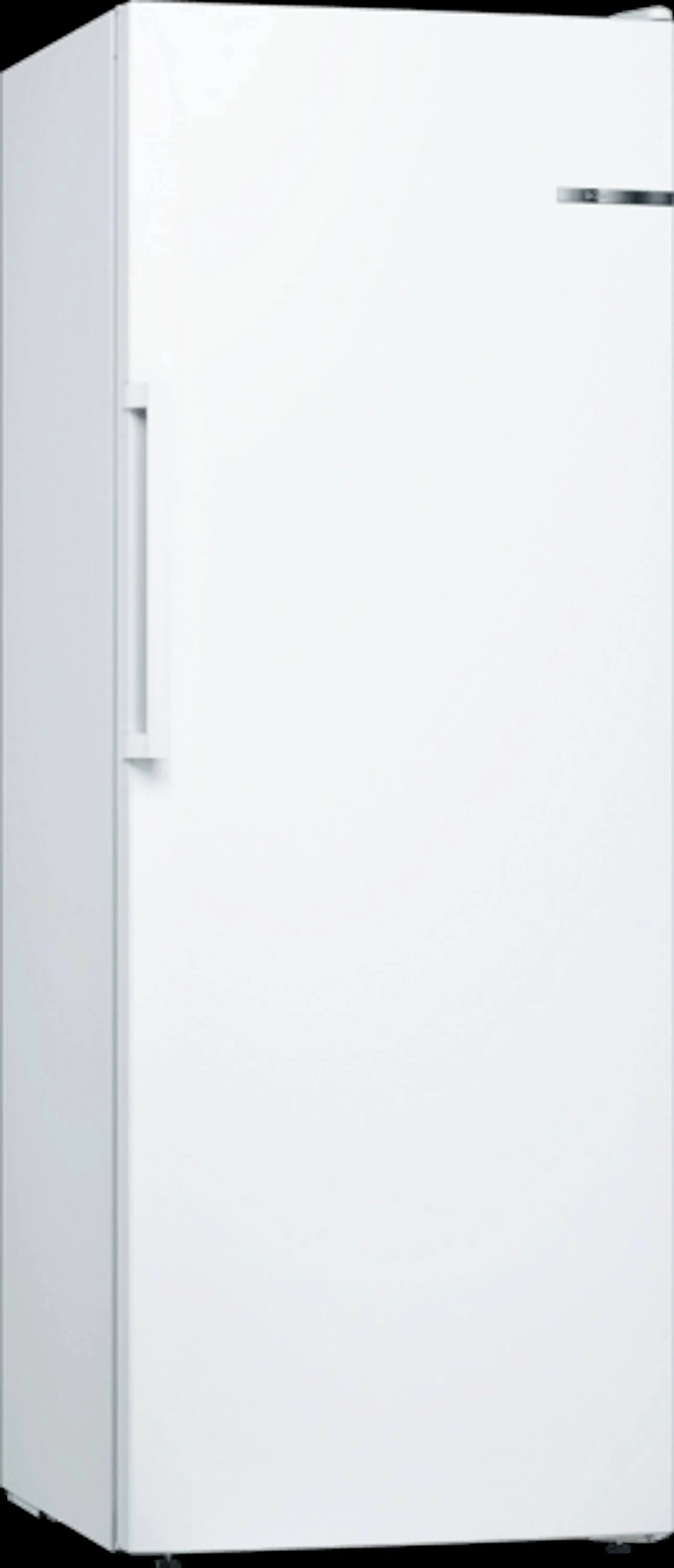 Ein weißer Kühlschrank mit einem vertikalen Griff auf der linken Seite. Das Bosch-Logo befindet sich oben.