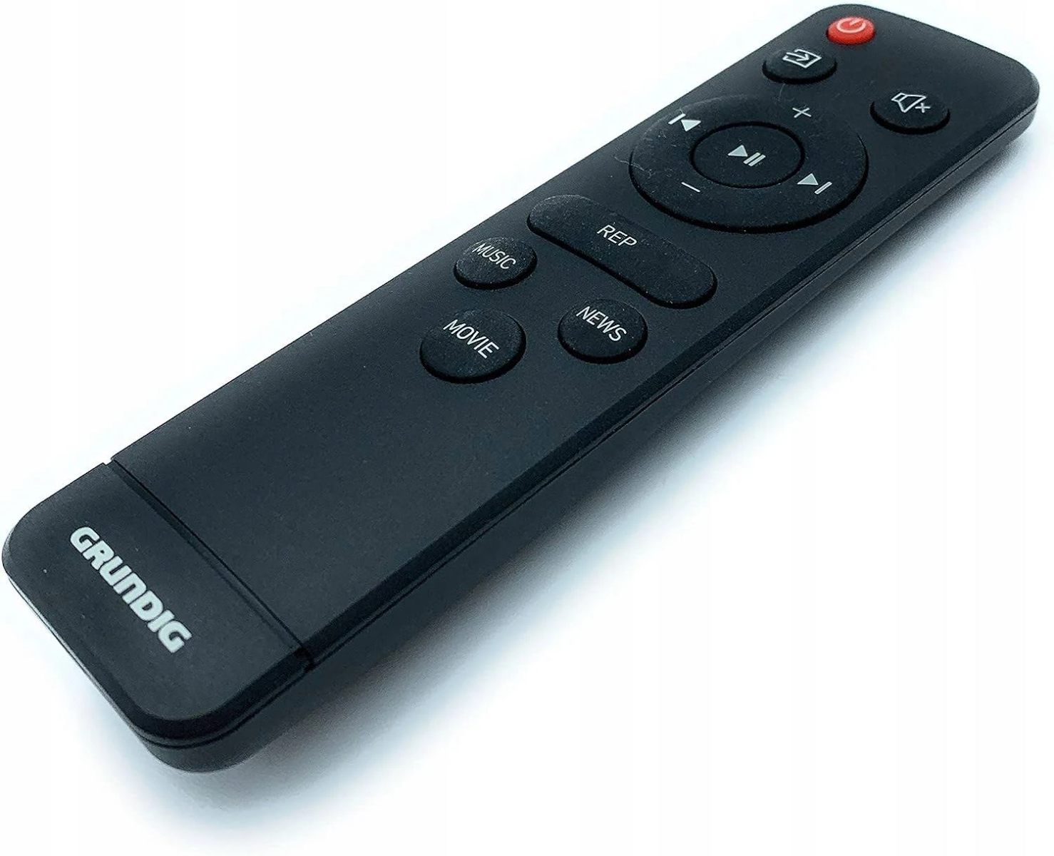 Czarny pilot Grundig z kilkoma przyciskami.