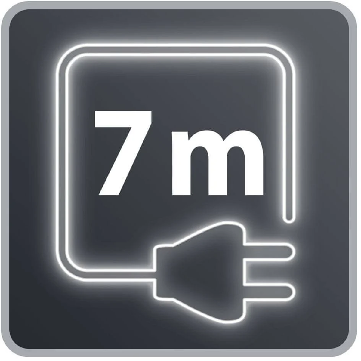 Czarno-szary symbol. Symbol przedstawia wtyczkę z kablem i liczbą 7m w kwadracie.