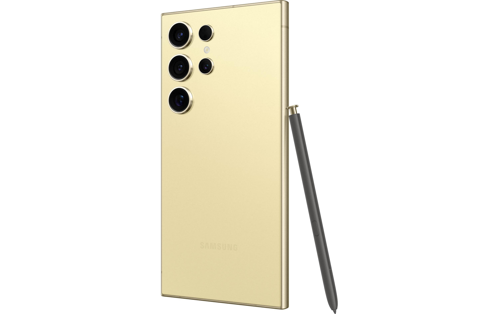 Złoty telefon Samsung z 3 aparatami. Czarny rysik S Pen obok. Białe tło.