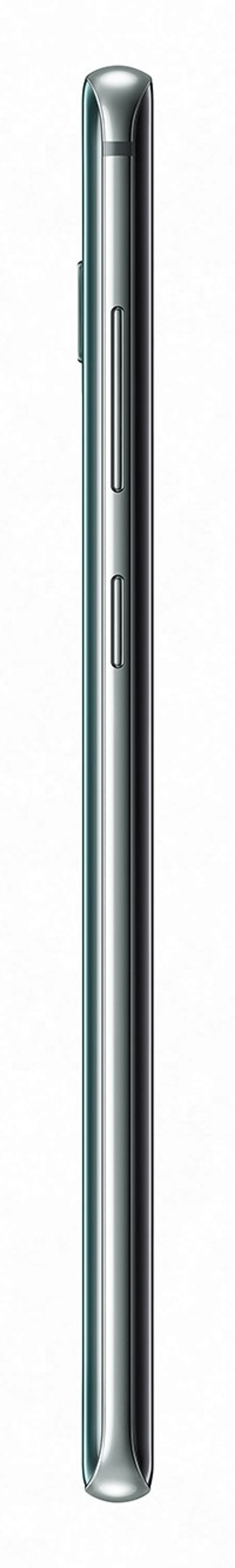 Seitenansicht eines silbernen Smartphones mit Knöpfen an der Seite. Es ist vor weißem Hintergrund.