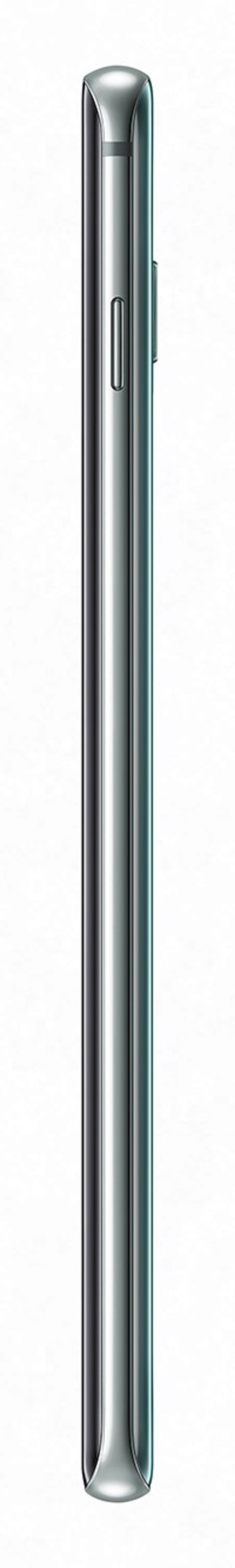 Silbernes Smartphone, Seitenansicht, vor weißem Hintergrund.