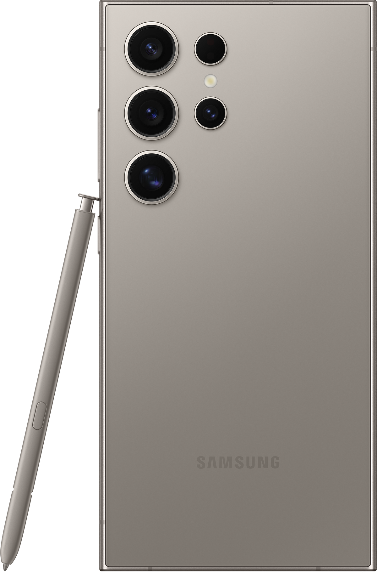 Smartfon Samsung Galaxy S23 Ultra z rysikiem, w neutralnym kolorze.
