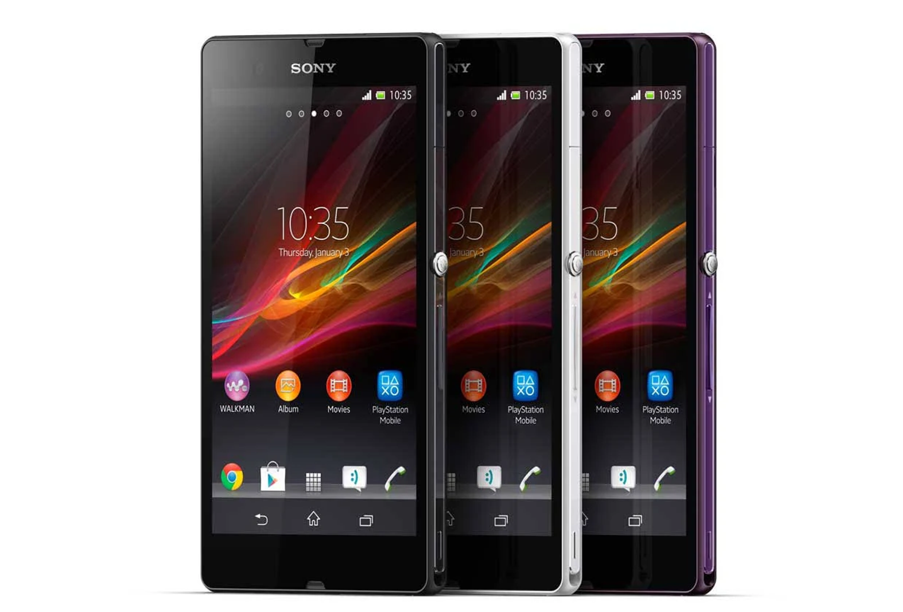 Drei Smartphones, schwarz, weiß und lila, nebeneinander. Zeigen einen farbenfrohen Bildschirm.