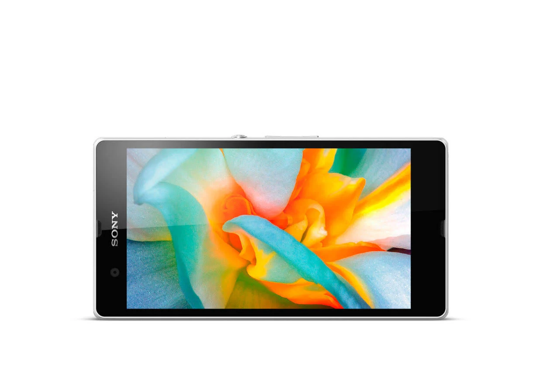 Ein Mobiltelefon zeigt ein farbenfrohes Blumenbild auf seinem Bildschirm, weißer Hintergrund.