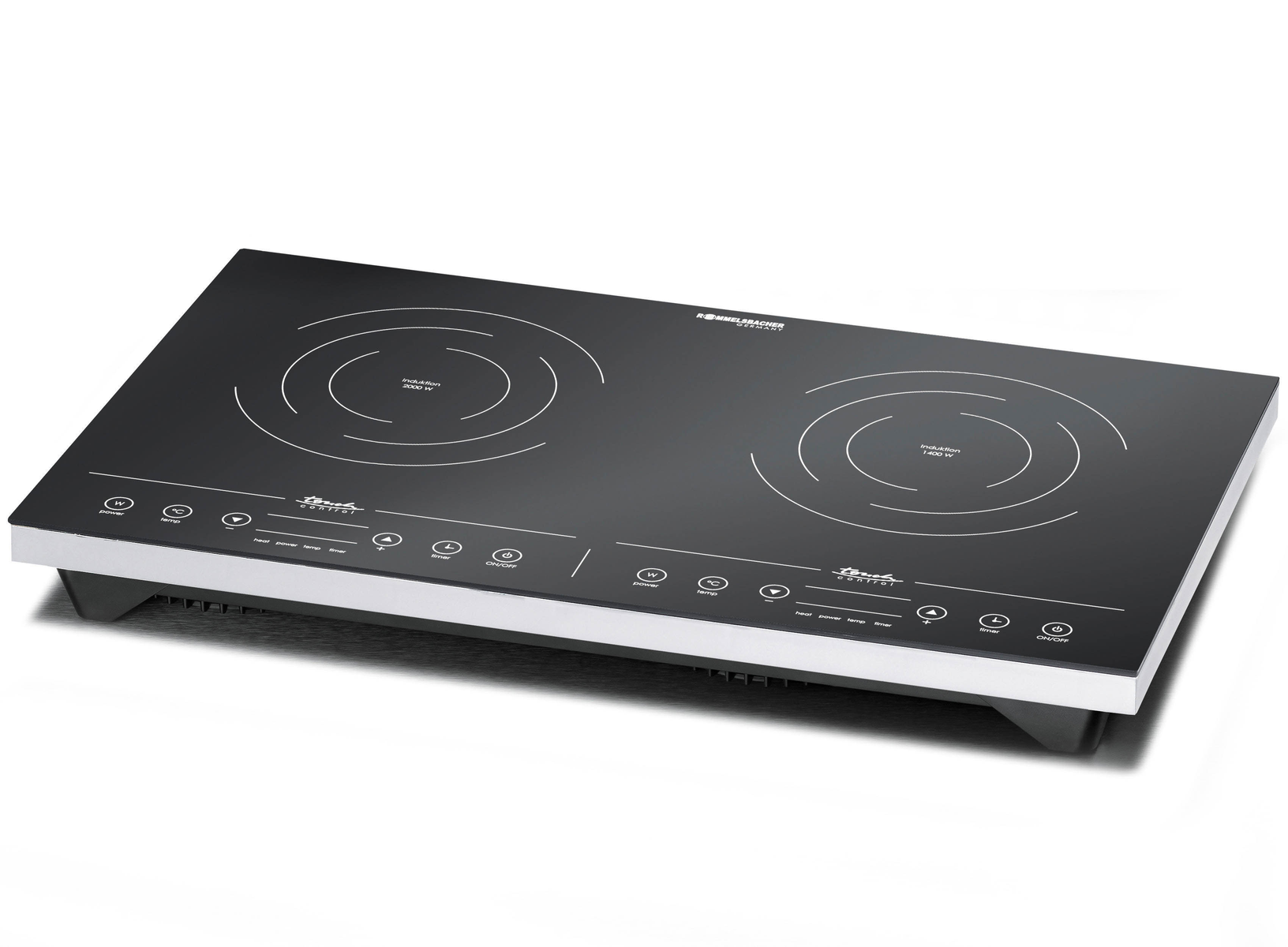 Czarna płyta indukcyjna z dwoma okrągłymi palnikami i sterowaniem dotykowym.