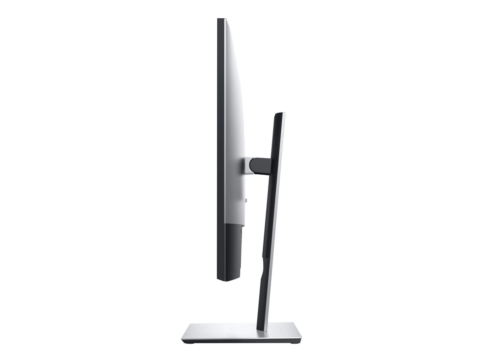 Vista laterale di un monitor per computer nero e argento su un supporto, sfondo bianco.