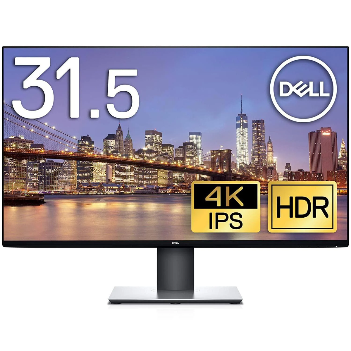Un monitor Dell da 31,5 pollici visualizza lo skyline di una città al tramonto. Le icone per 4K IPS e HDR sono presenti sullo schermo.