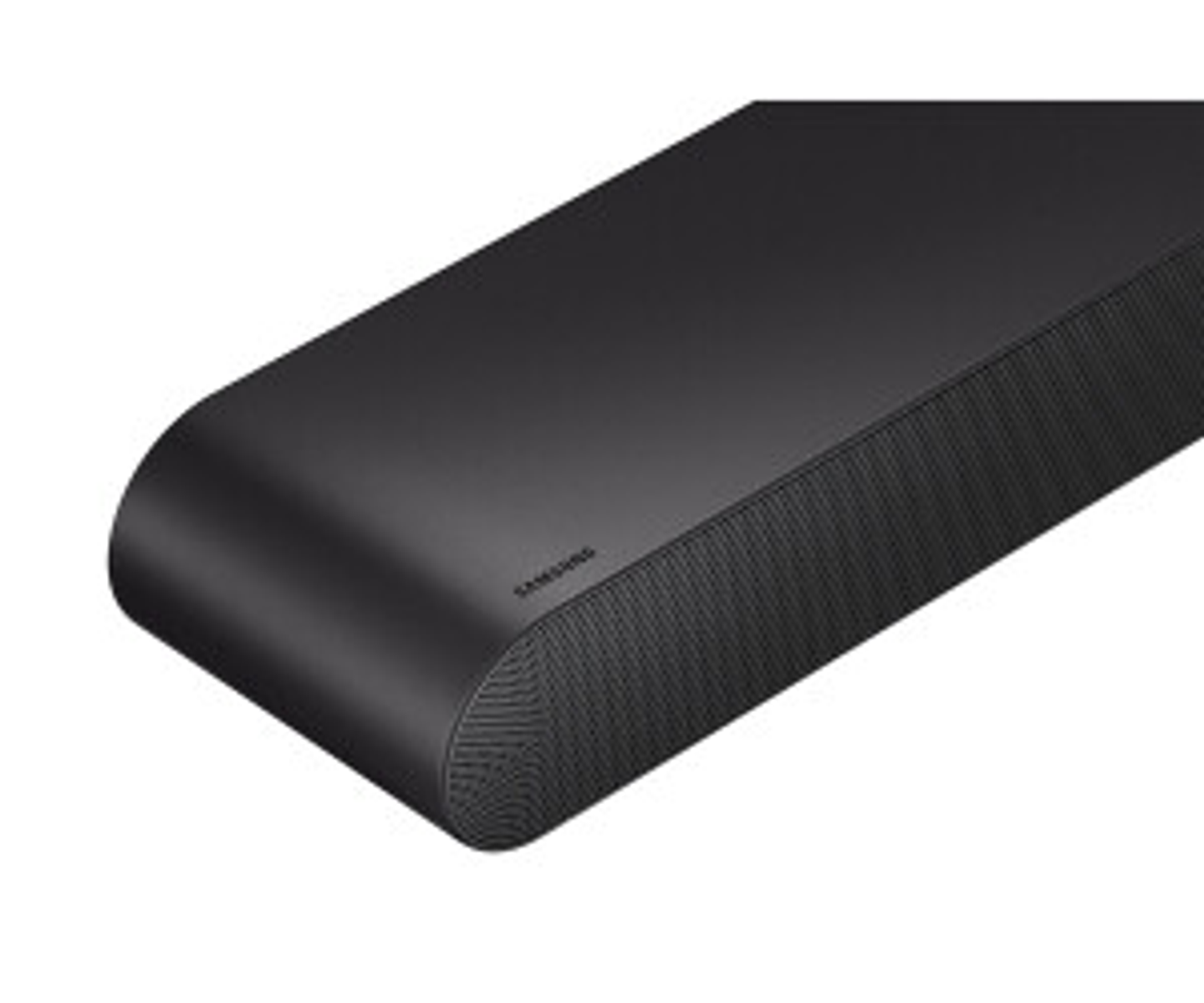 Czarny soundbar z zaokrąglonymi krawędziami i napisem 'SAMSUNG'.