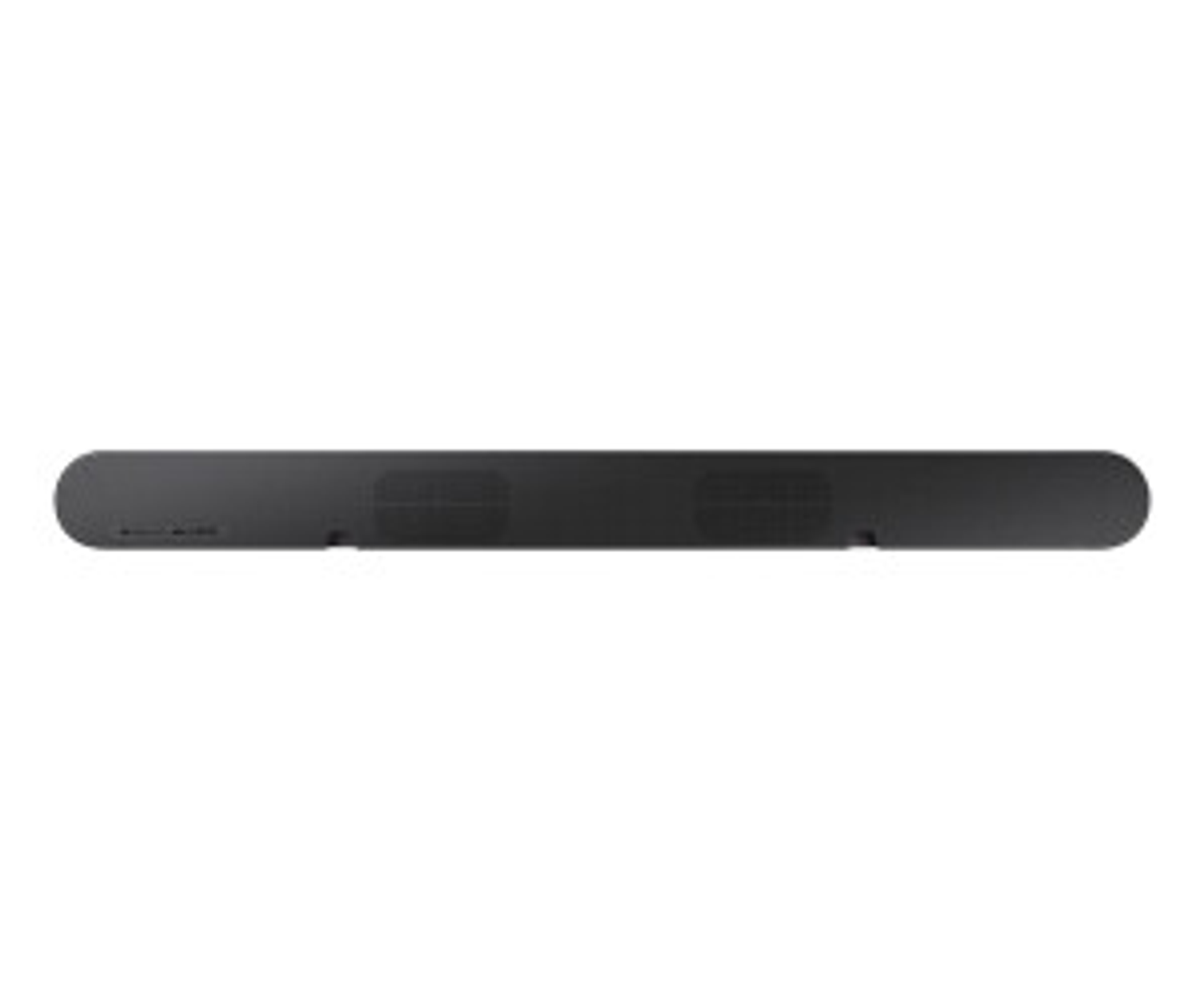 Czarny soundbar z dwoma otworami głośnikowymi. Białe tło.