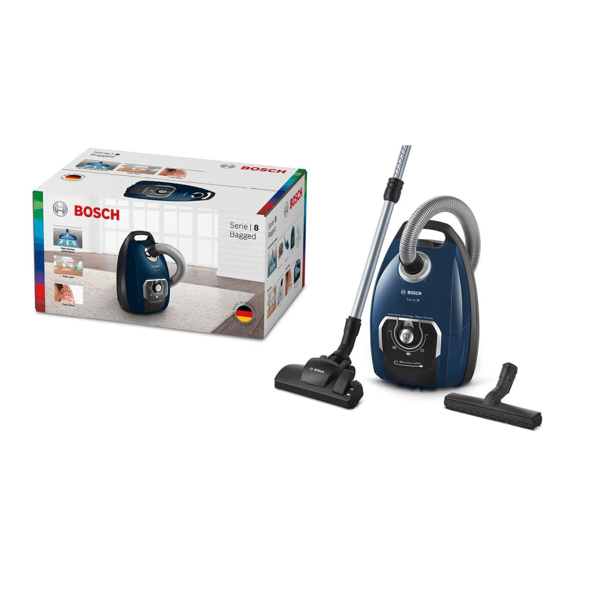 Odkurzacz Bosch w pudełku i zmontowany. Białe tło.