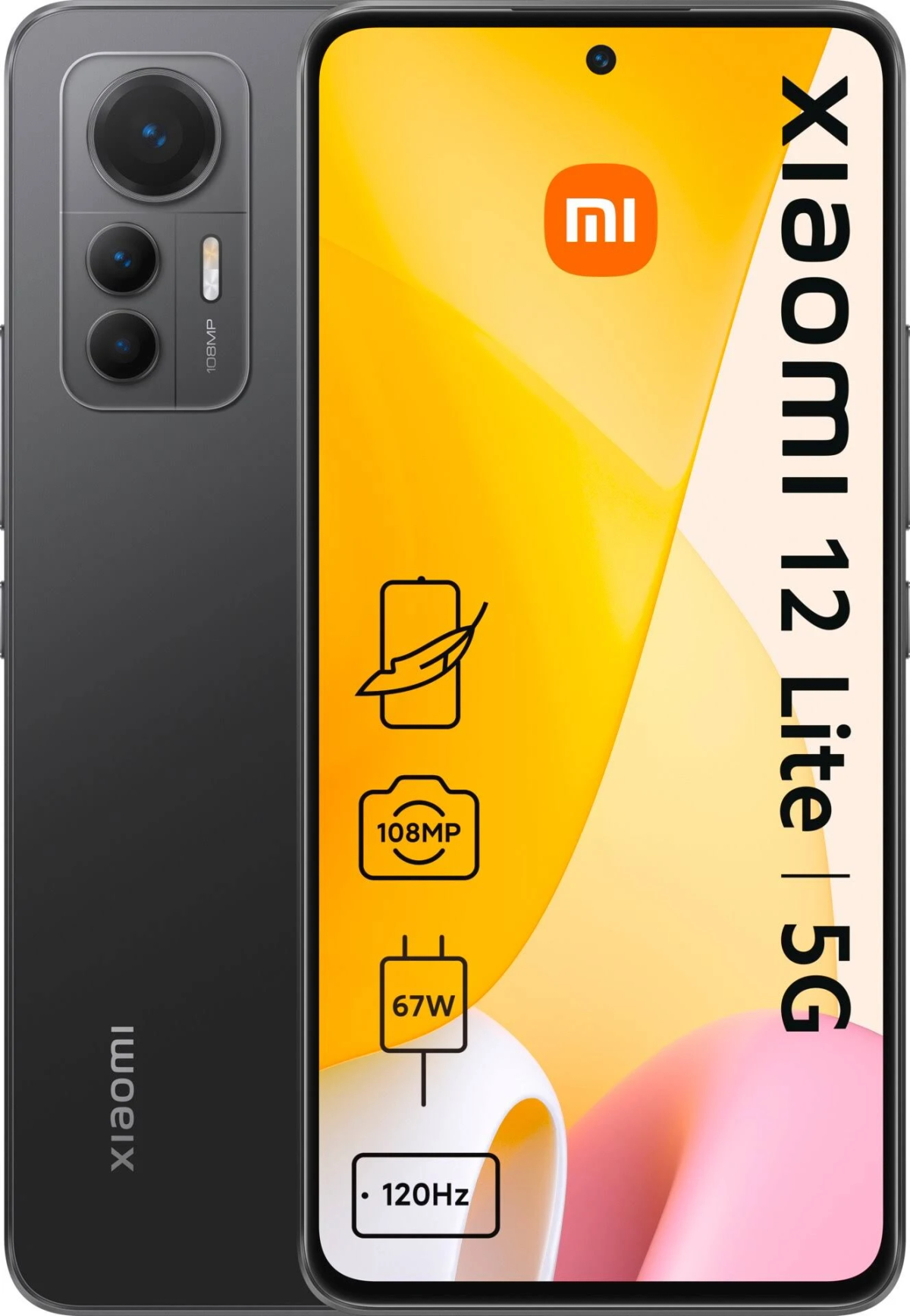 Ein schwarzes Smartphone mit gelbem Hintergrund, das Symbole und Text zeigt.