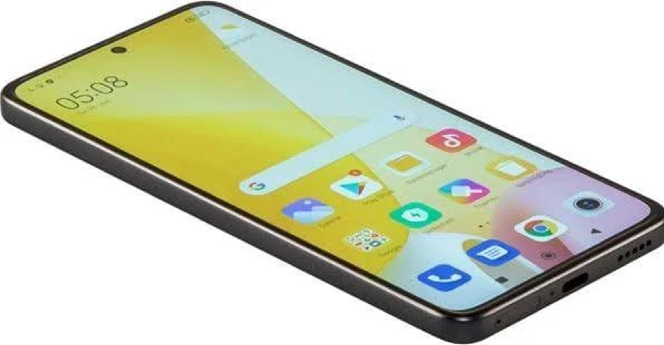Abgewinkeltes Smartphone mit App-Symbolen auf dem Bildschirm, Uhrzeit wird angezeigt.