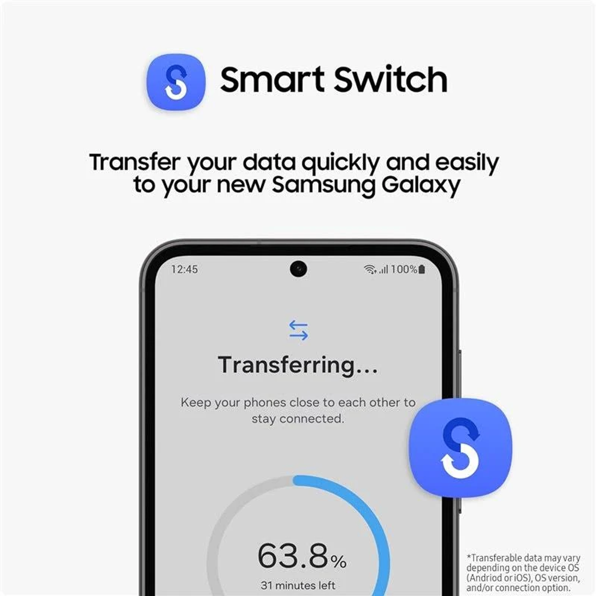 Ekran telefonu Samsung wyświetla postęp przesyłania danych z logo Smart Switch.