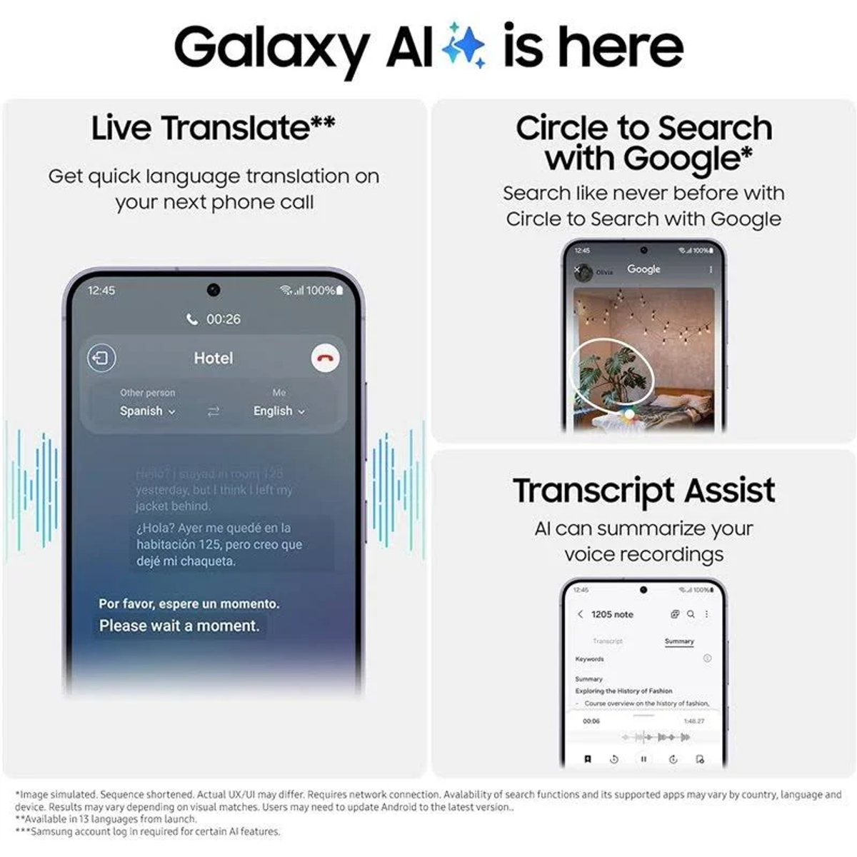 Obraz promocyjny funkcji Galaxy AI, pokazujący przykłady tłumaczeń i wyszukiwania.