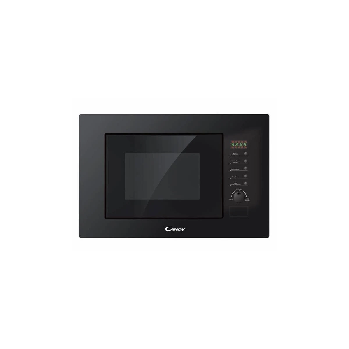 Un forno a microonde nero con display digitale, pulsanti e il marchio Candy.