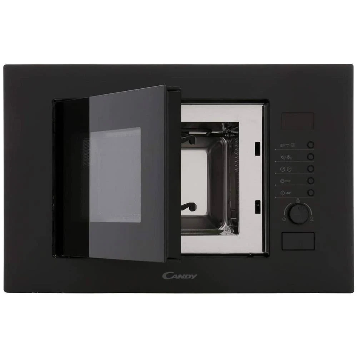 Microonde Candy nero con porta aperta, interno visibile.
