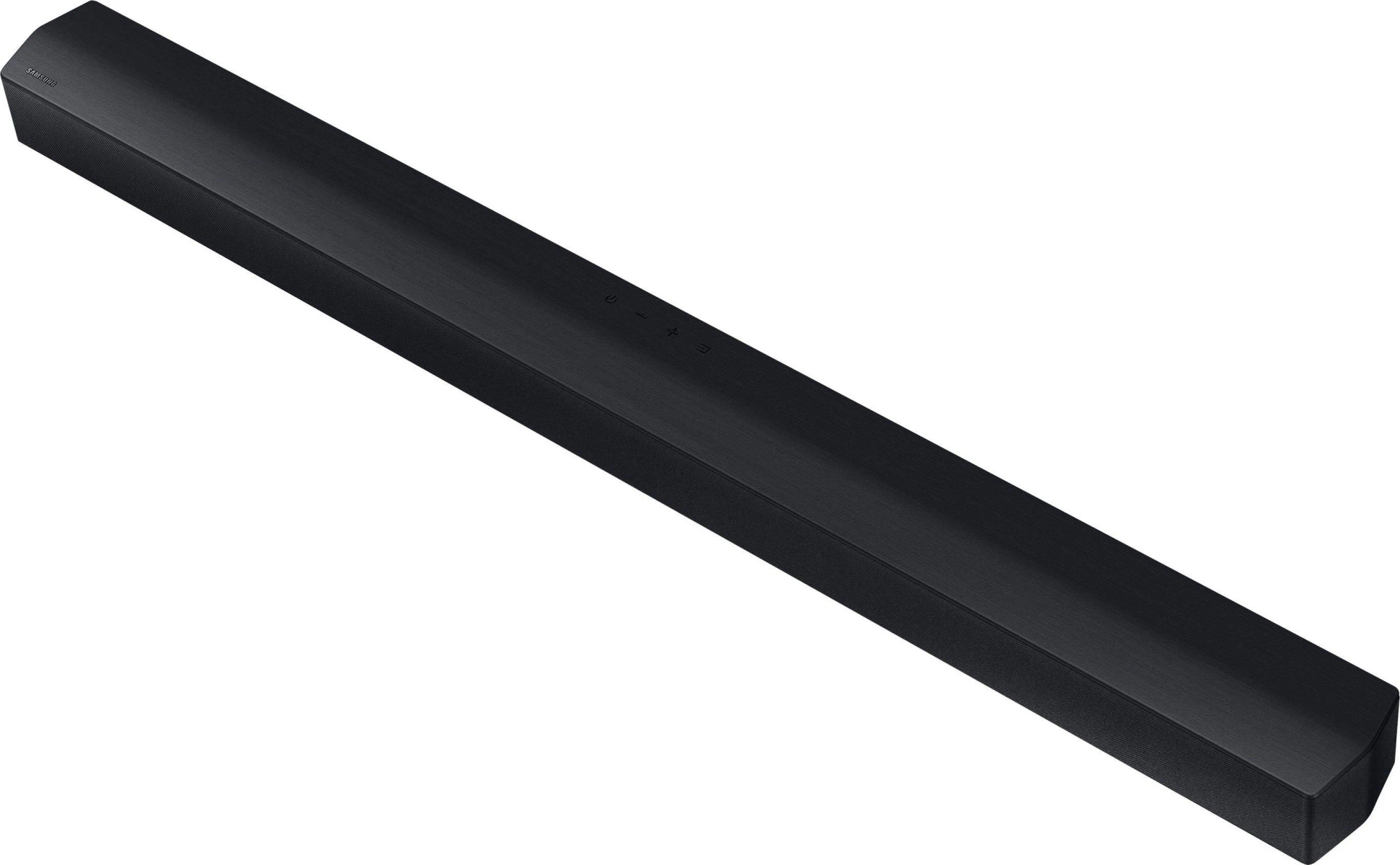 Czarny soundbar o prostokątnym kształcie z logo Samsung, widok z boku.