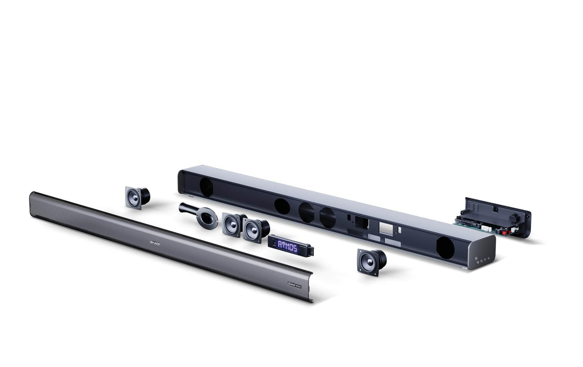 Zerlegte Soundbar mit verschiedenen Komponenten, die ihre Innenteile zeigen.