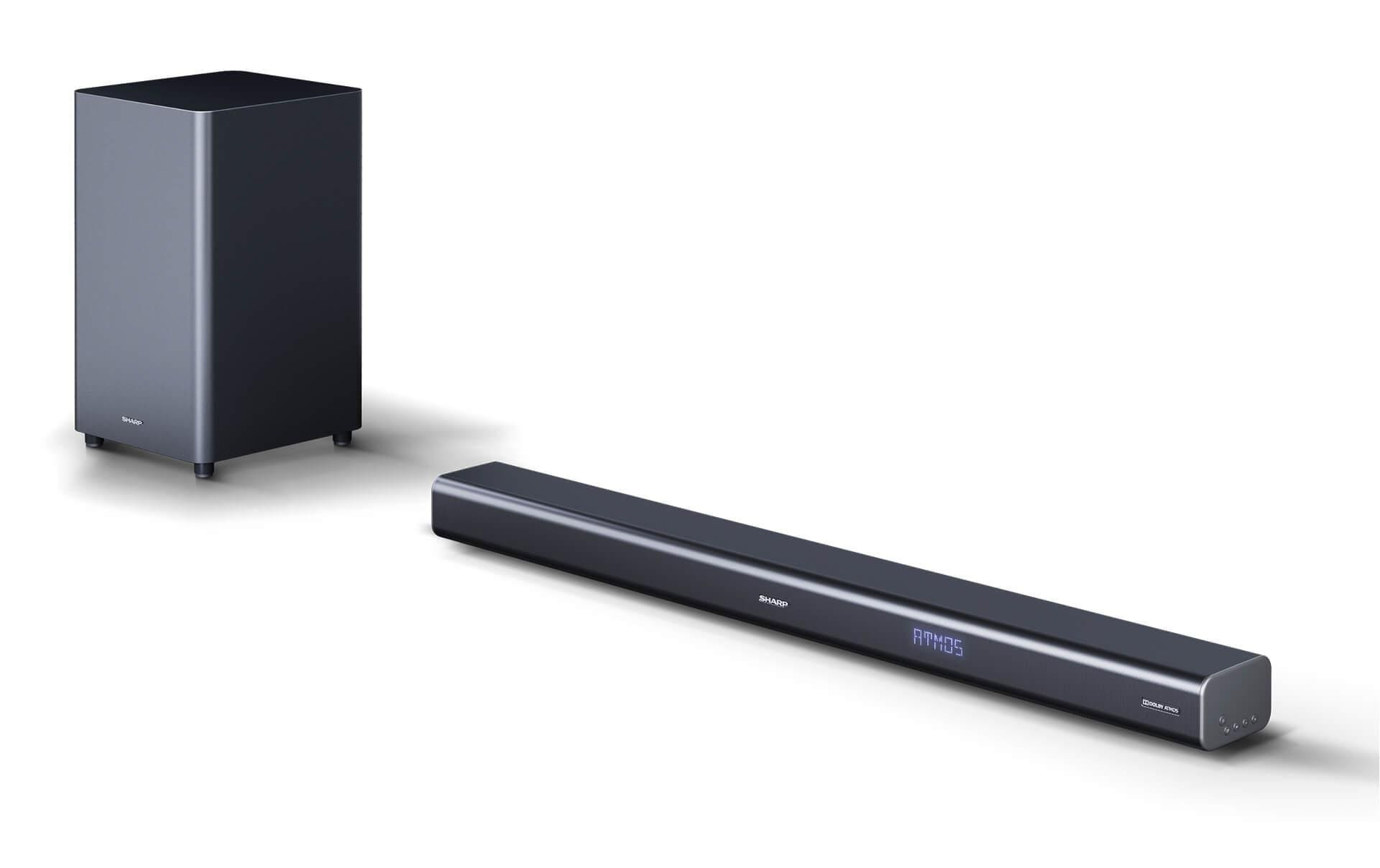 Schwarzes Sharp Soundbar- und Subwoofer-Set auf weißem Hintergrund.