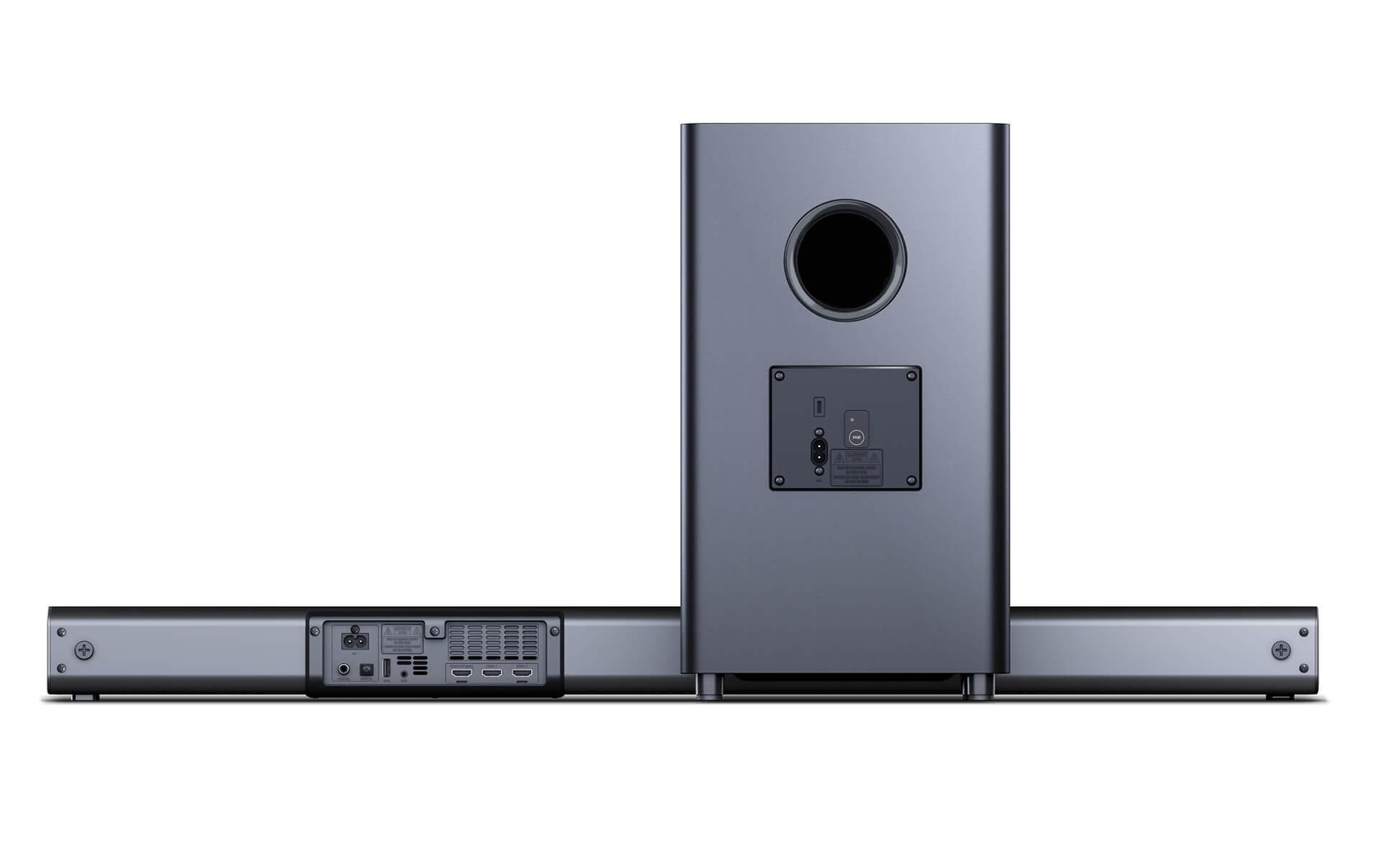Schwarzes Soundsystem mit Subwoofer und Soundbar. Weißer Hintergrund.