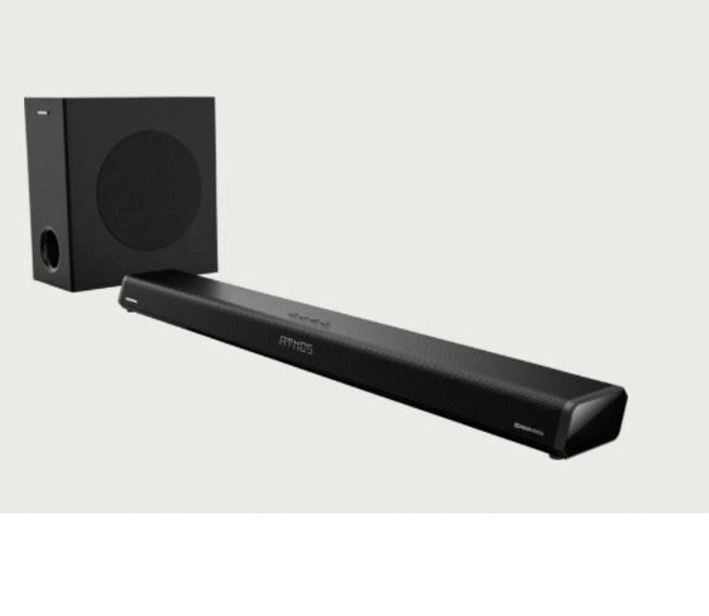 Czarny soundbar ze słowem ATHOS, subwoofer po lewej stronie. Białe tło.