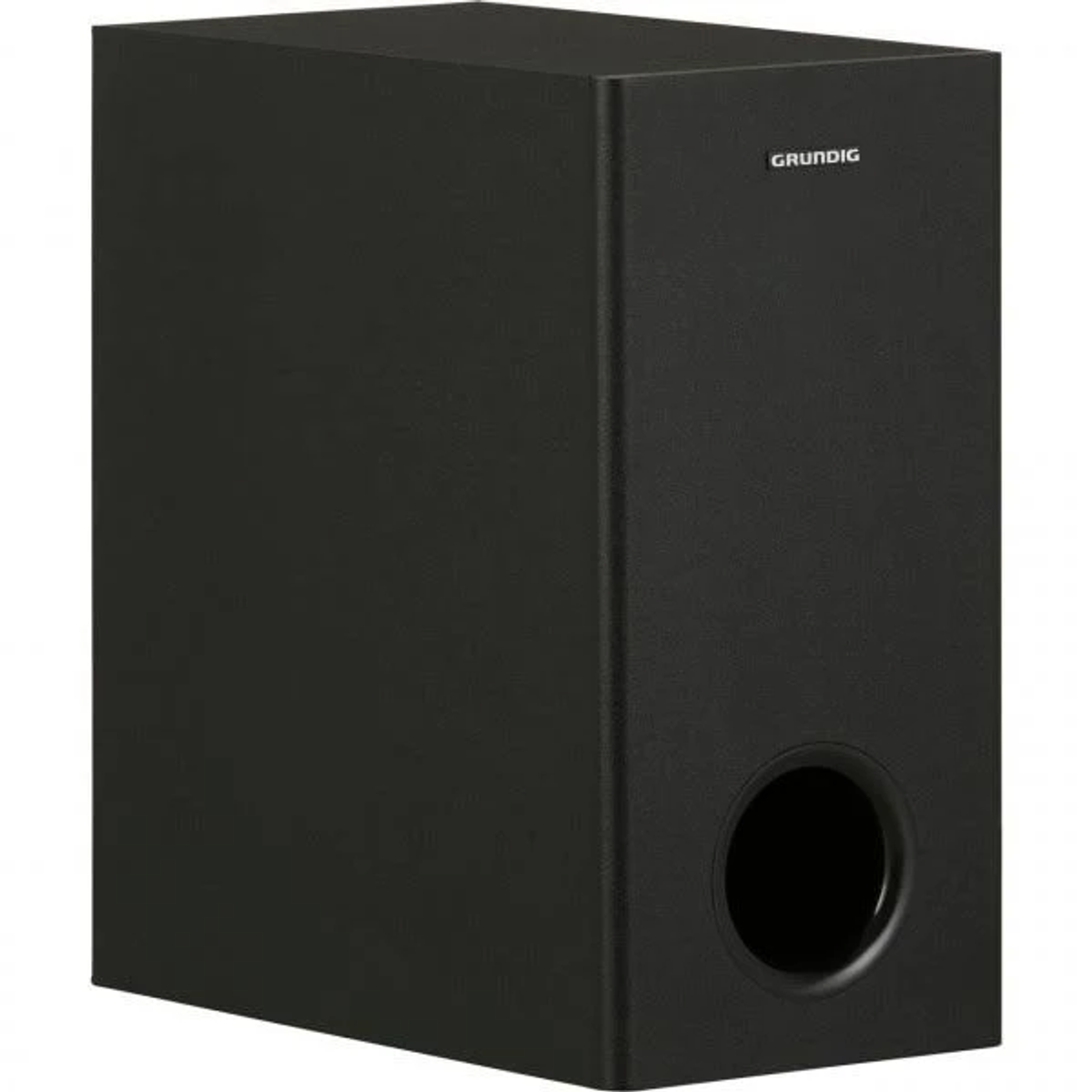 Czarny subwoofer Grundig z okrągłym portem. Widoczne logo.