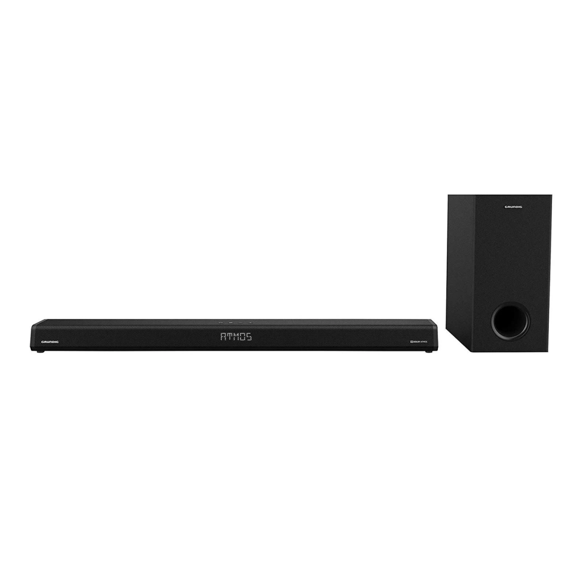 Czarny soundbar i subwoofer na białym tle. Soundbar ma tekst ATMOS.