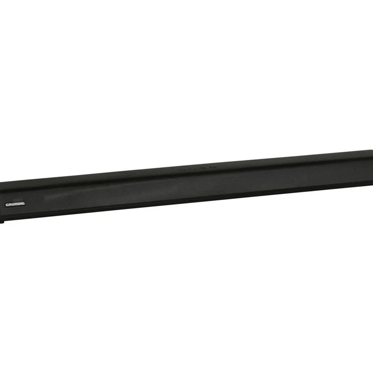 Czarny soundbar z logo 'Grundig' na białym tle. Długi, prostokątny kształt.