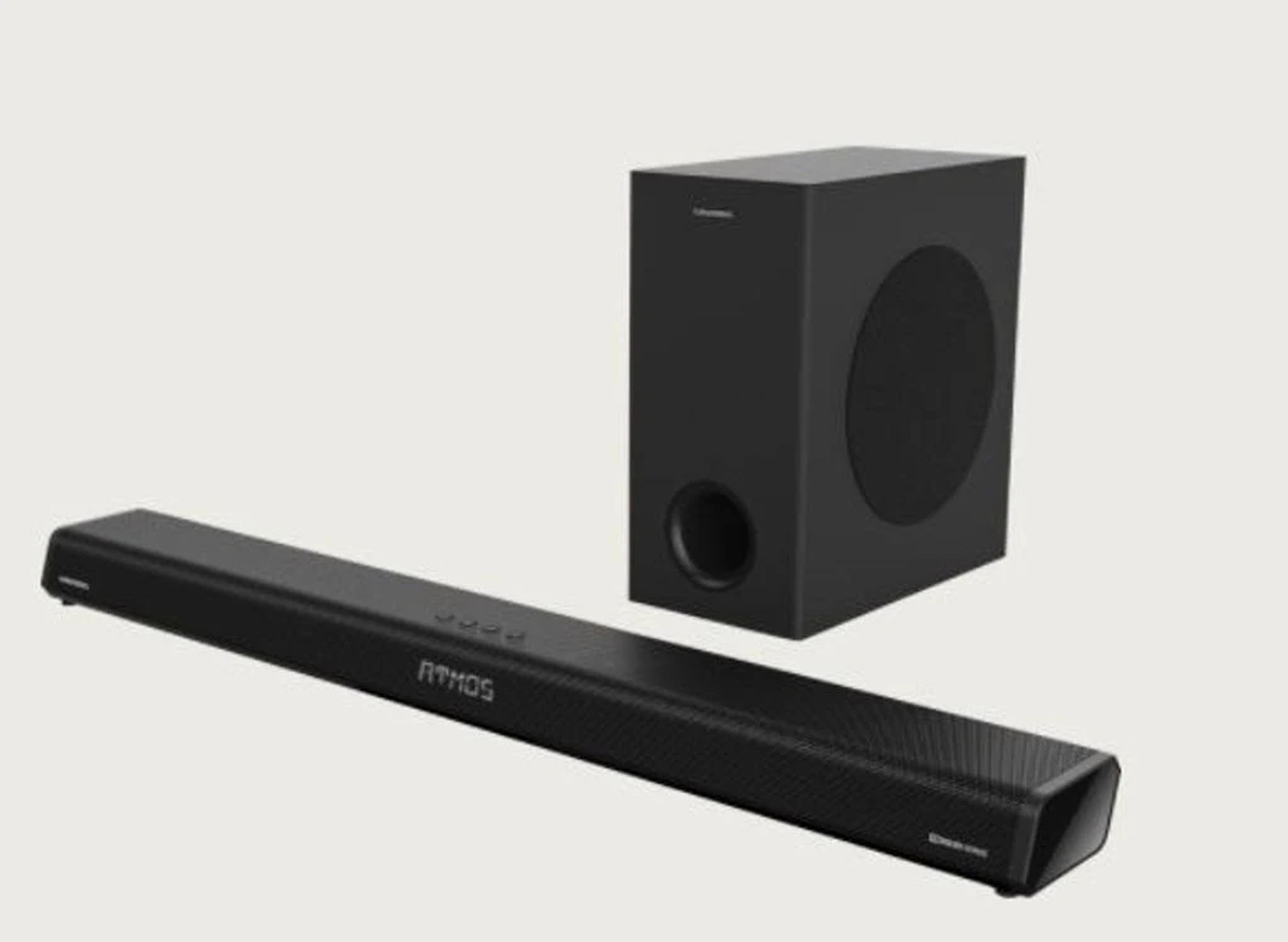 Czarny soundbar i subwoofer na jasnym tle. Soundbar ma napis 'ATMOS'.