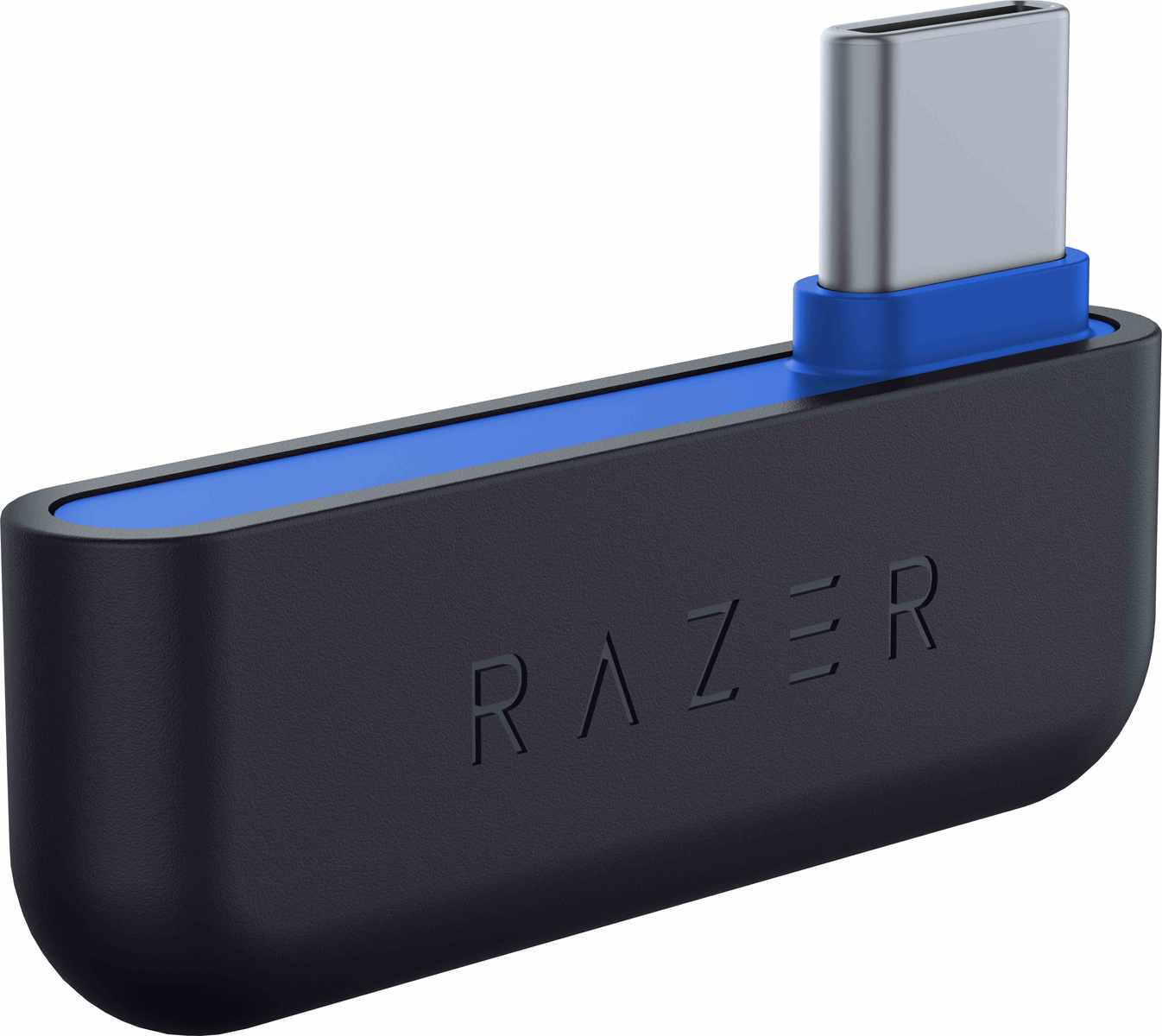 Adapter USB-C na USB-C. Jest czarny z niebieskim akcentem i srebrnym złączem USB-C.