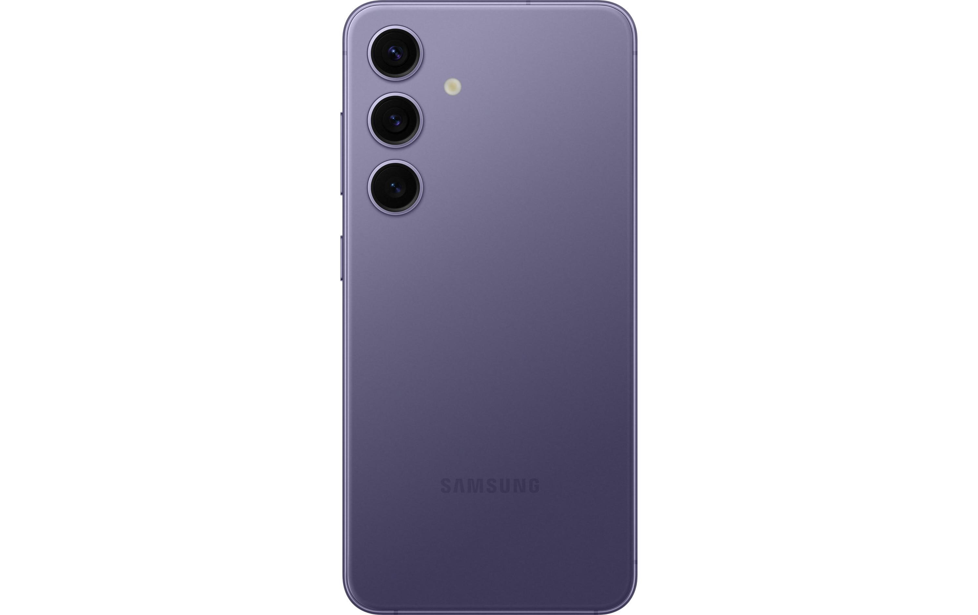 Fioletowy tył smartfona z trzema obiektywami i logo Samsung.