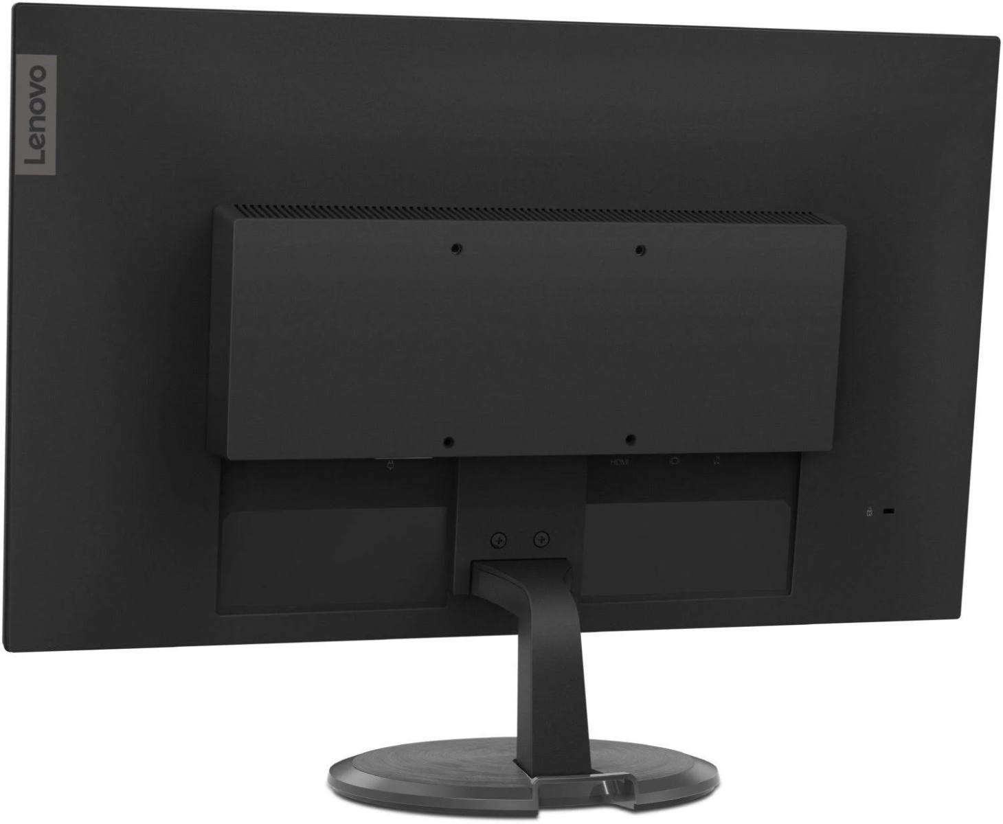 Tył czarnego monitora Lenovo ze stojakiem i logo Lenovo w rogu.